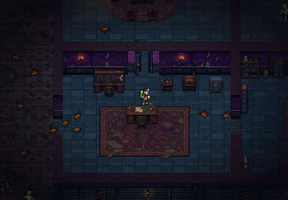 Gus in a dark mansion study, roaches on the carpet.