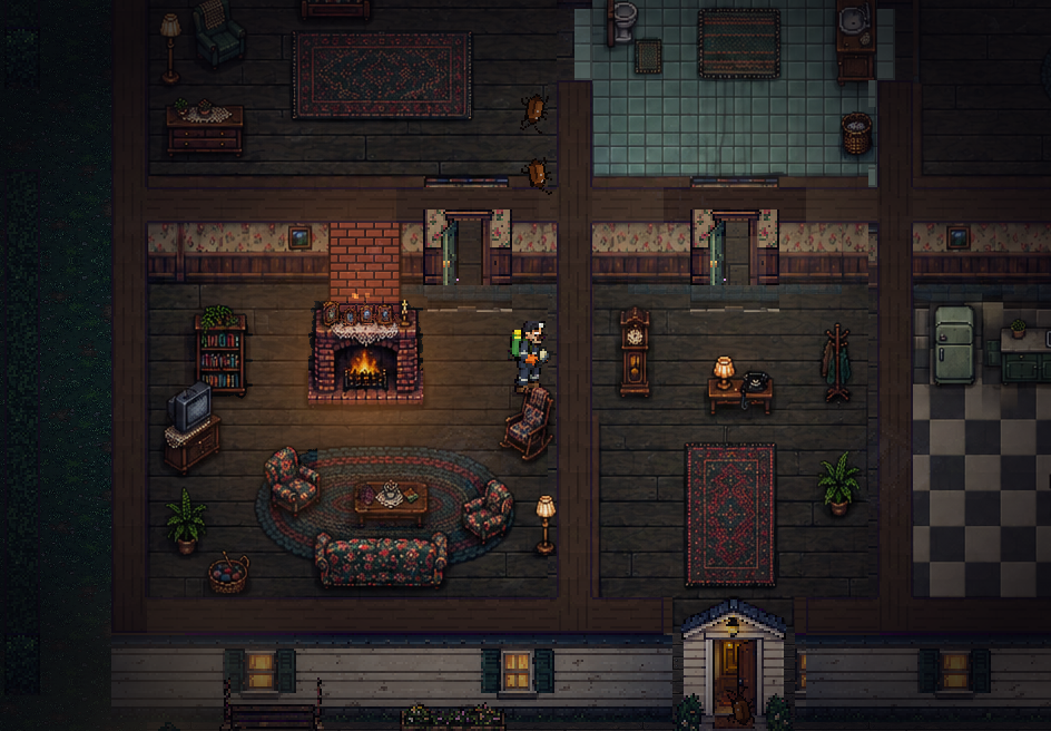Gus in Grandma's living room beside a brick fireplace, roaches coming through the door.