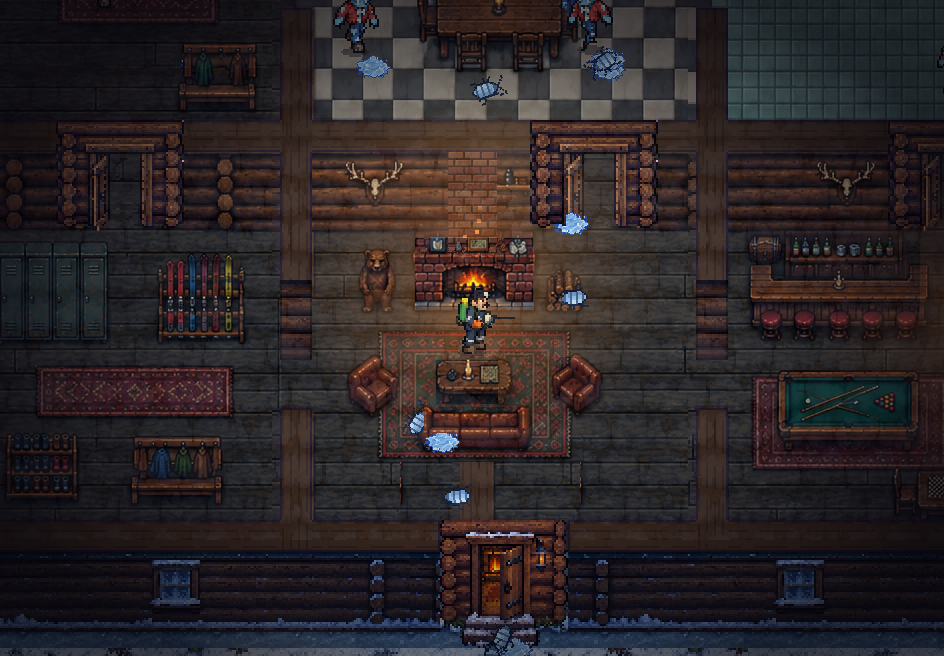 Gus in a snowbound ski lodge living room with a pool table and a roaring fireplace.
