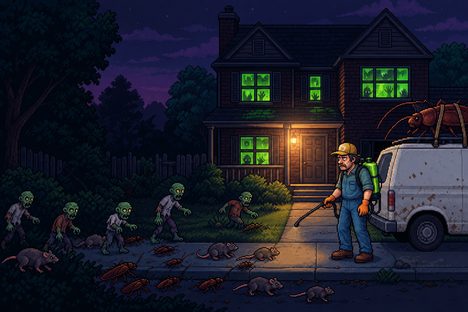 Gus, a tired pest control man with a sprayer, outside a house full of green-lit windows while zombies, rats and roaches crawl up the lawn.